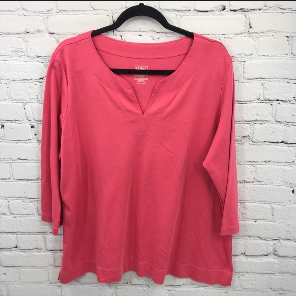 LL Bean Top Womens Pink 3/4 Sleeve V-Neck Casual Basic Cotton XL